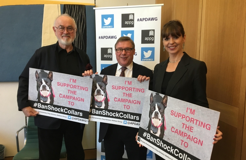 Mark Francois MP pictured with Peter Egan and Victoria Sitwell while demonstrating his support for a ban on electric shock collars for dogs.