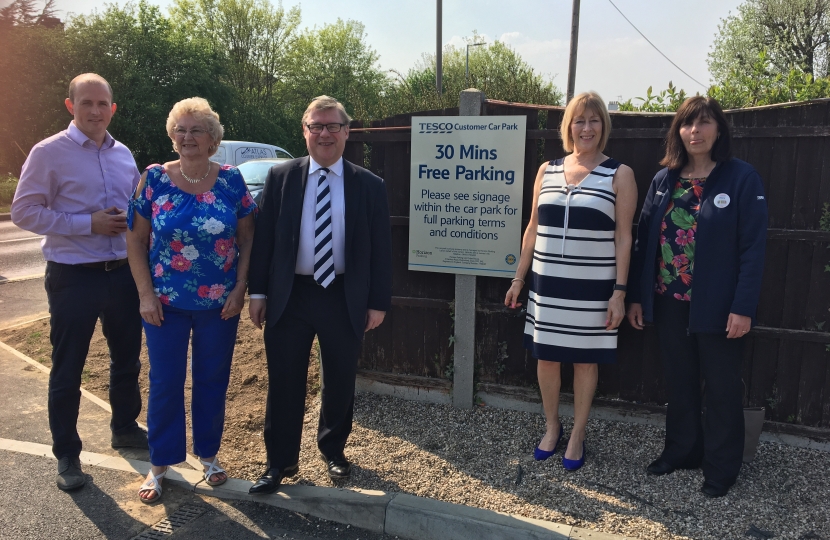 Mark Francois with local Councillors Carol Pavelin and Margaret Spencer and Tesco Express Manager Mary at the newly expanded customer car park in London Road Rayleigh.