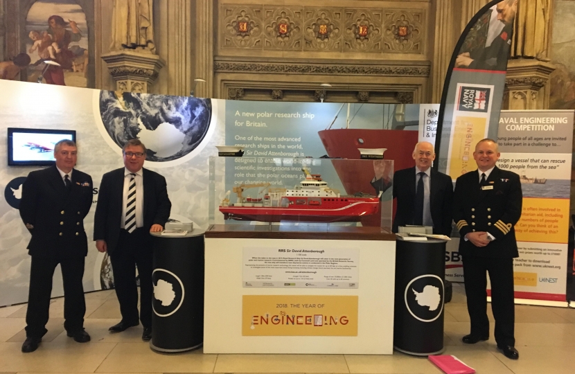 Mark Francois pictured with Naval Personnel and a model of the new Antarctic Patrol Ship the HMS Sir David Attenborough