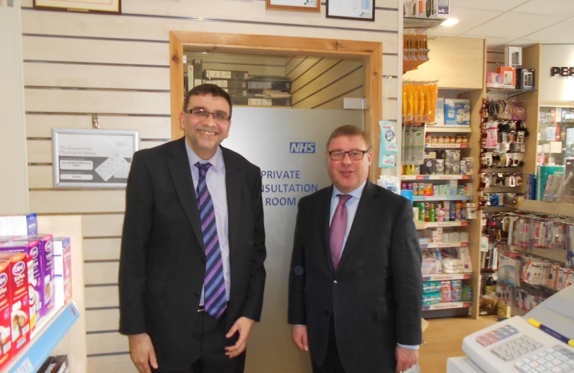 Mark Francois, pictured with local pharmacist, Mr Sajjad Manji