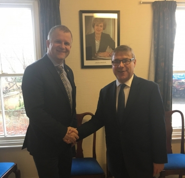 Mark Francois pictured with ARU Vice Chancellor Ian Martin after his briefing on plans by ARU to establish a new medical school in Essex by 2019.