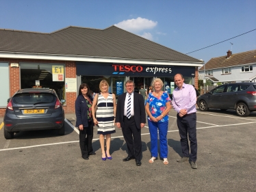 Mark Francois with local Councillors Carol Pavelin and Margaret Spencer and Tesco Express Manager Mary at the newly expanded customer car park in London Road Rayleigh.