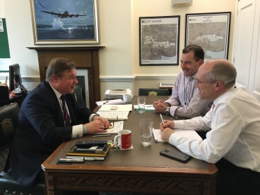 Mark Francois MP pictured earlier this year meeting Jamie Burles and Jonathan Denby where he called for a discount on season tickets for long suffering commuters on Abellio Greater Anglia.