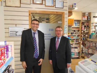 Mark Francois, pictured with local pharmacist, Mr Sajjad Manji