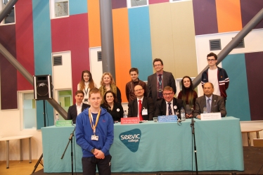 Pictured are the speakers who took part and some students who asked questions